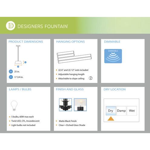 Cedar Lane 5 Light 25 inch Matte Black Chandelier Ceiling Light